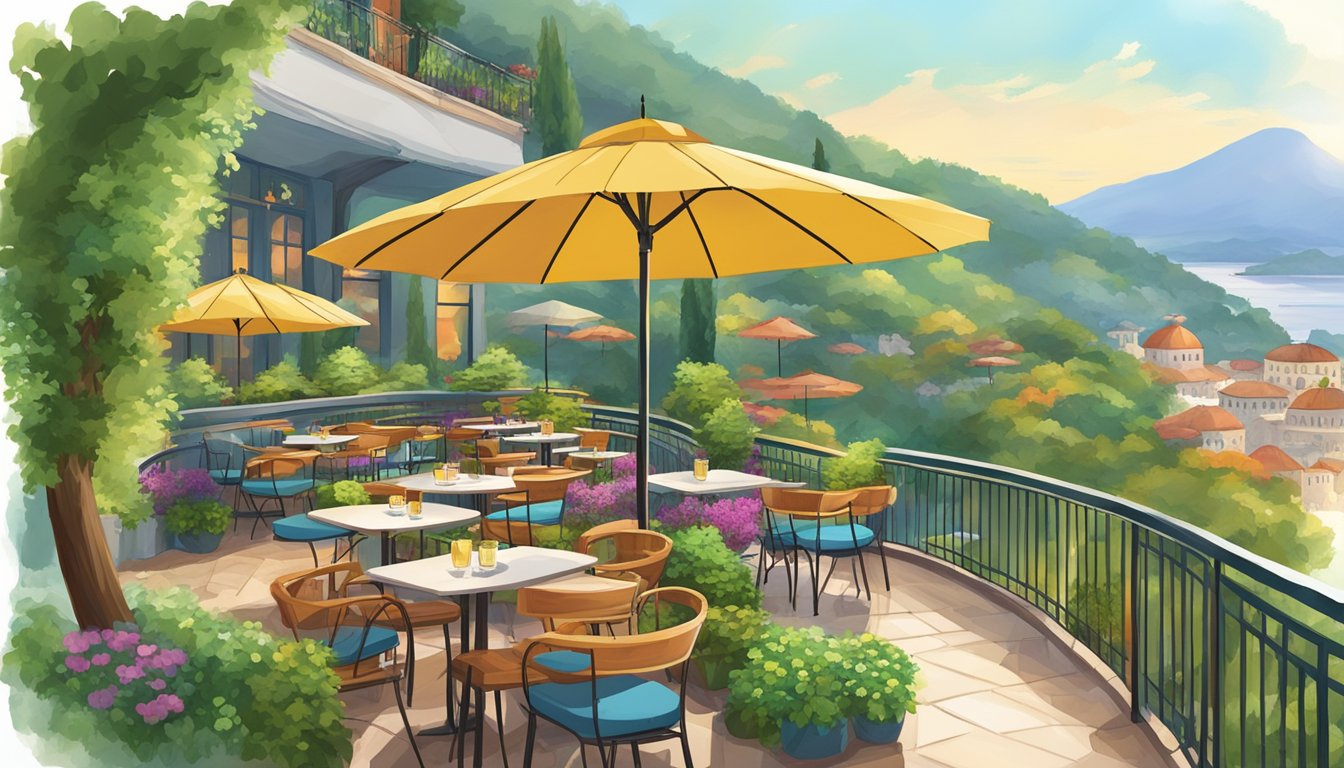 A hilltop garden restaurant with colorful umbrellas, lush greenery, and cozy seating areas overlooking a scenic view