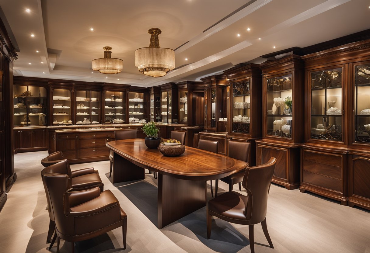 A showroom filled with elegant wood furniture, showcasing intricate craftsmanship and luxurious finishes. Rich mahogany dining tables, ornate teak cabinets, and sleek walnut chairs catch the eye of discerning customers