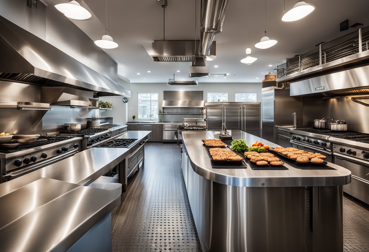 A spacious kitchen with stainless steel appliances, industrial-style lighting, and a large grill station. The walls are adorned with vintage burger-themed decor, and there is ample counter space for food preparation