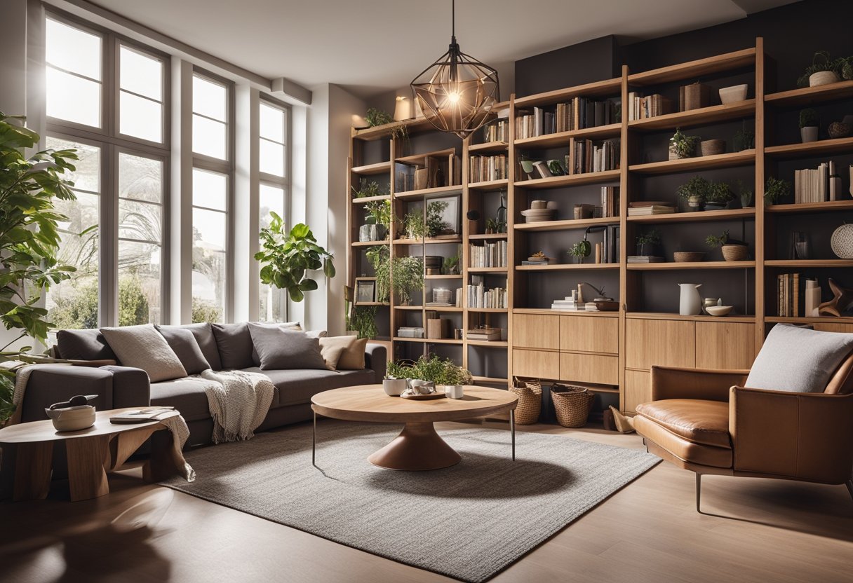 A cozy living room with a modern wooden dining set, bookshelves, and a comfortable sofa. Light streaming in through large windows, creating a warm and inviting atmosphere
