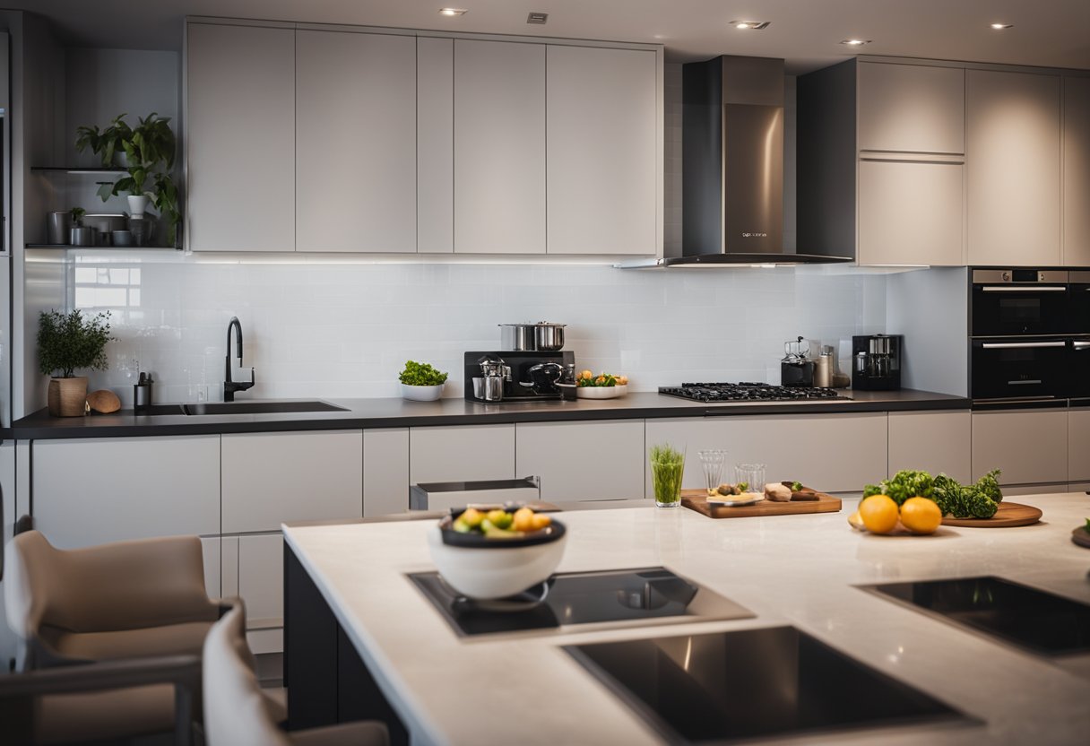The kitchen layout features strategic placement of equipment and stylish aesthetic choices in the design
