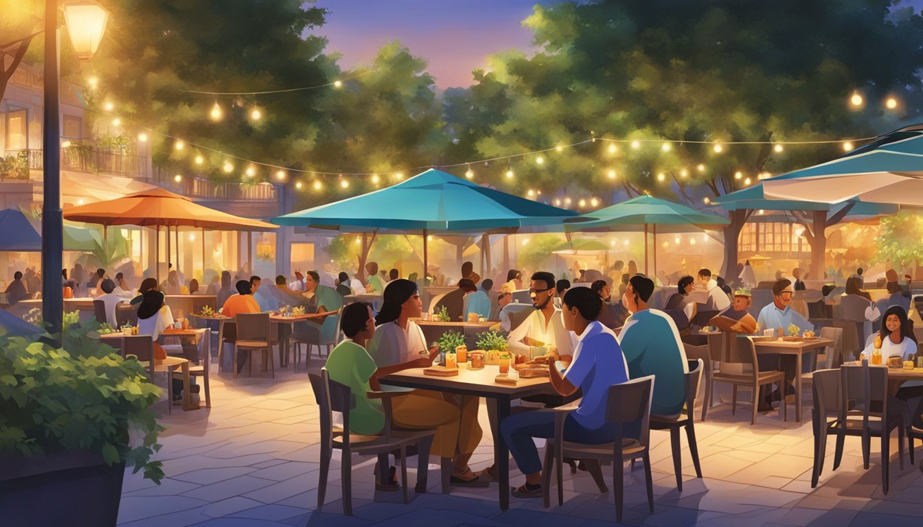 Customers enjoying a variety of international cuisines at outdoor tables, surrounded by lush greenery and vibrant city lights in the background