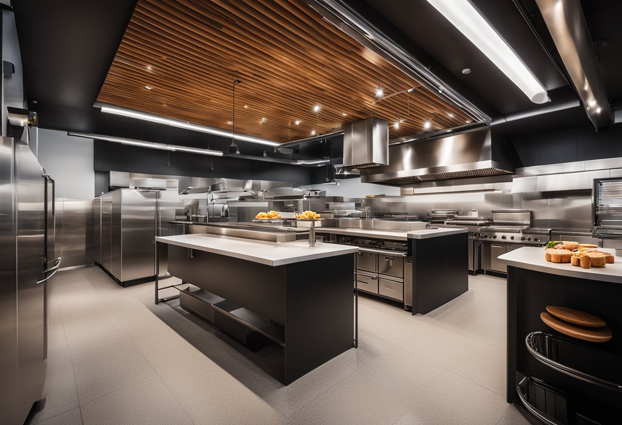 A modern burger kitchen with sleek stainless steel appliances, industrial lighting, and a bold, minimalist color scheme