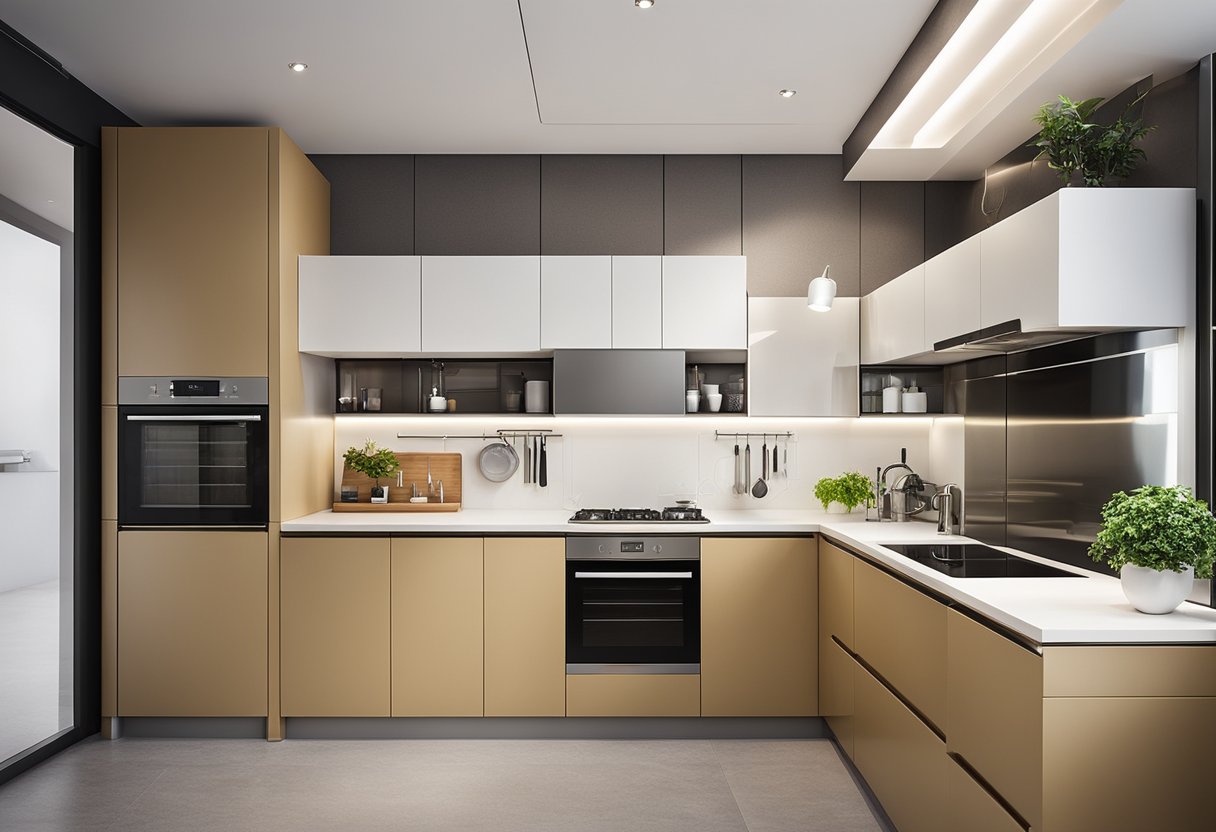 Two parallel modular kitchen designs with sleek cabinets, integrated appliances, and minimalist decor