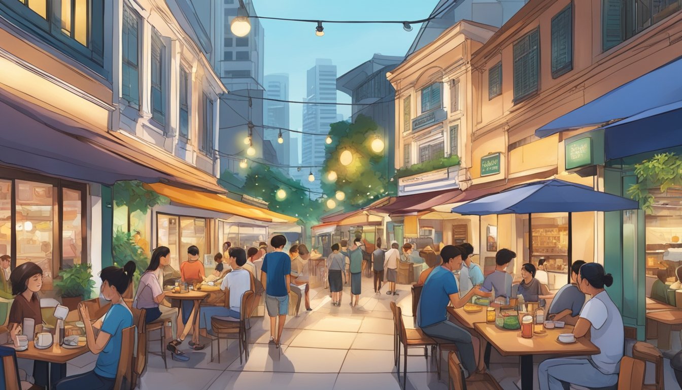 A bustling street lined with diverse casual eateries in Singapore. Brightly lit signs and outdoor seating create a lively atmosphere