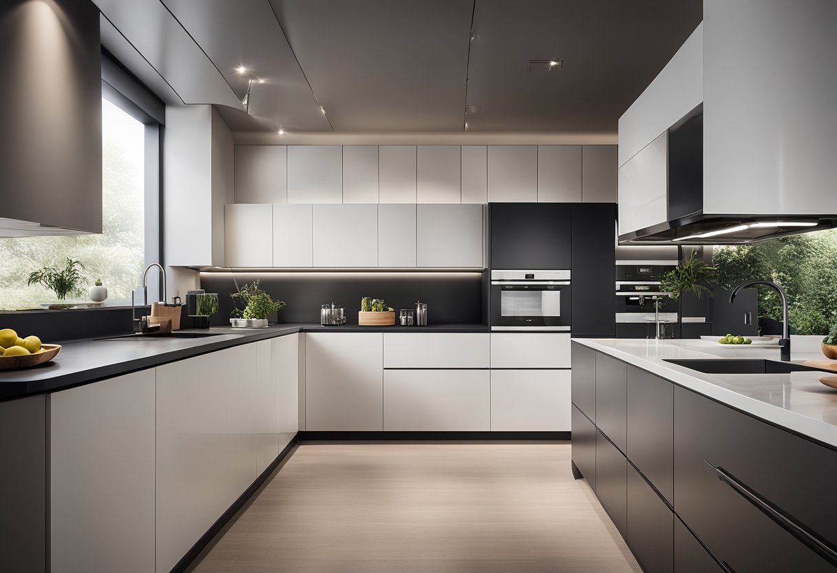 A spacious, well-lit kitchen with sleek, parallel modular countertops and cabinets. The design features modern appliances and efficient storage solutions