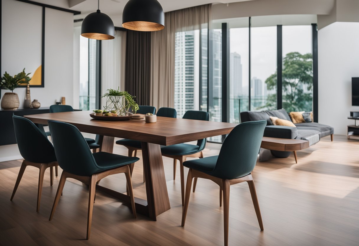 A sleek black walnut table and chairs stand in a modern Singaporean living room, surrounded by vibrant decor and natural light