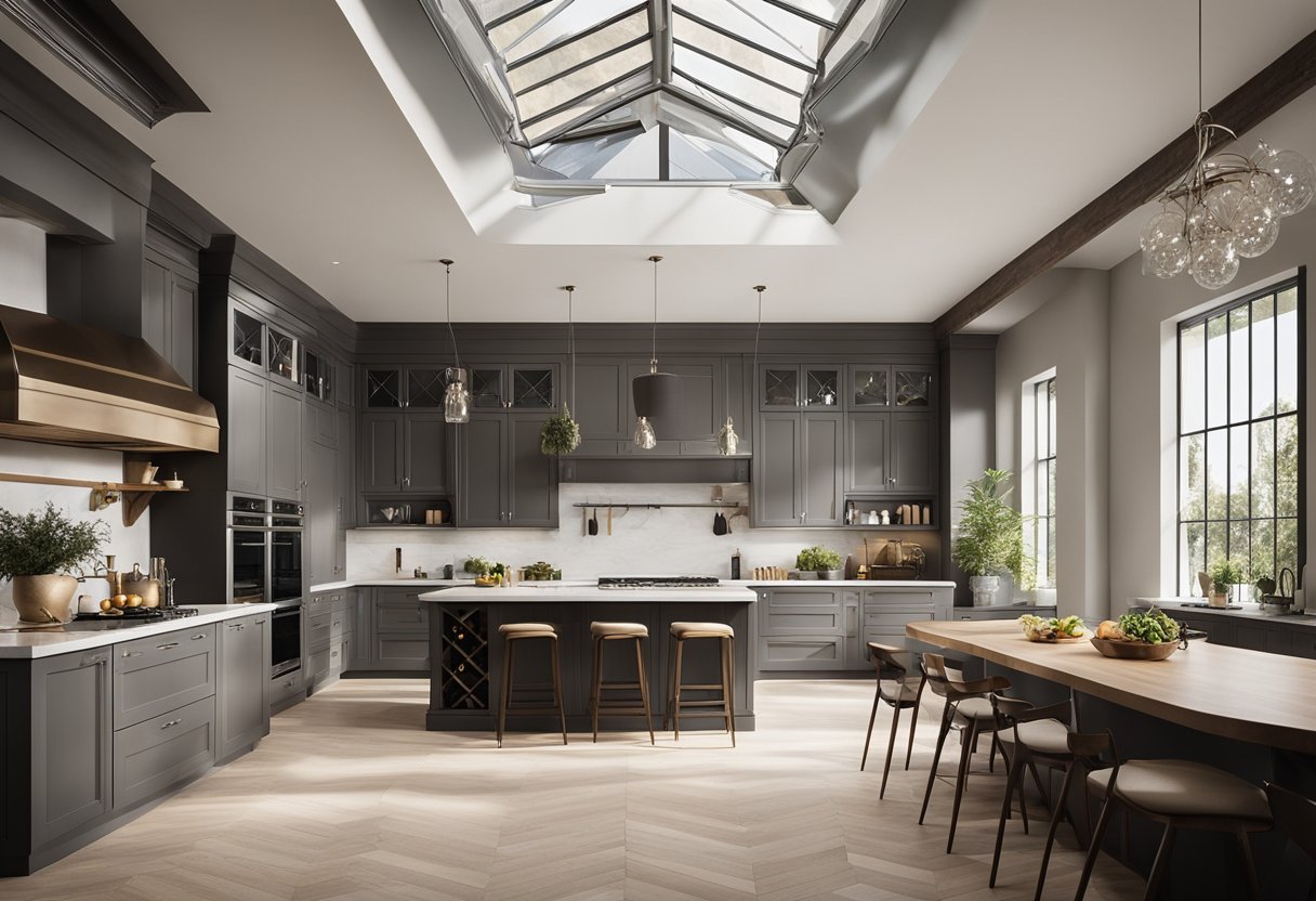A spacious kitchen with high ceilings flooded with natural light, showcasing the elegant ceiling features