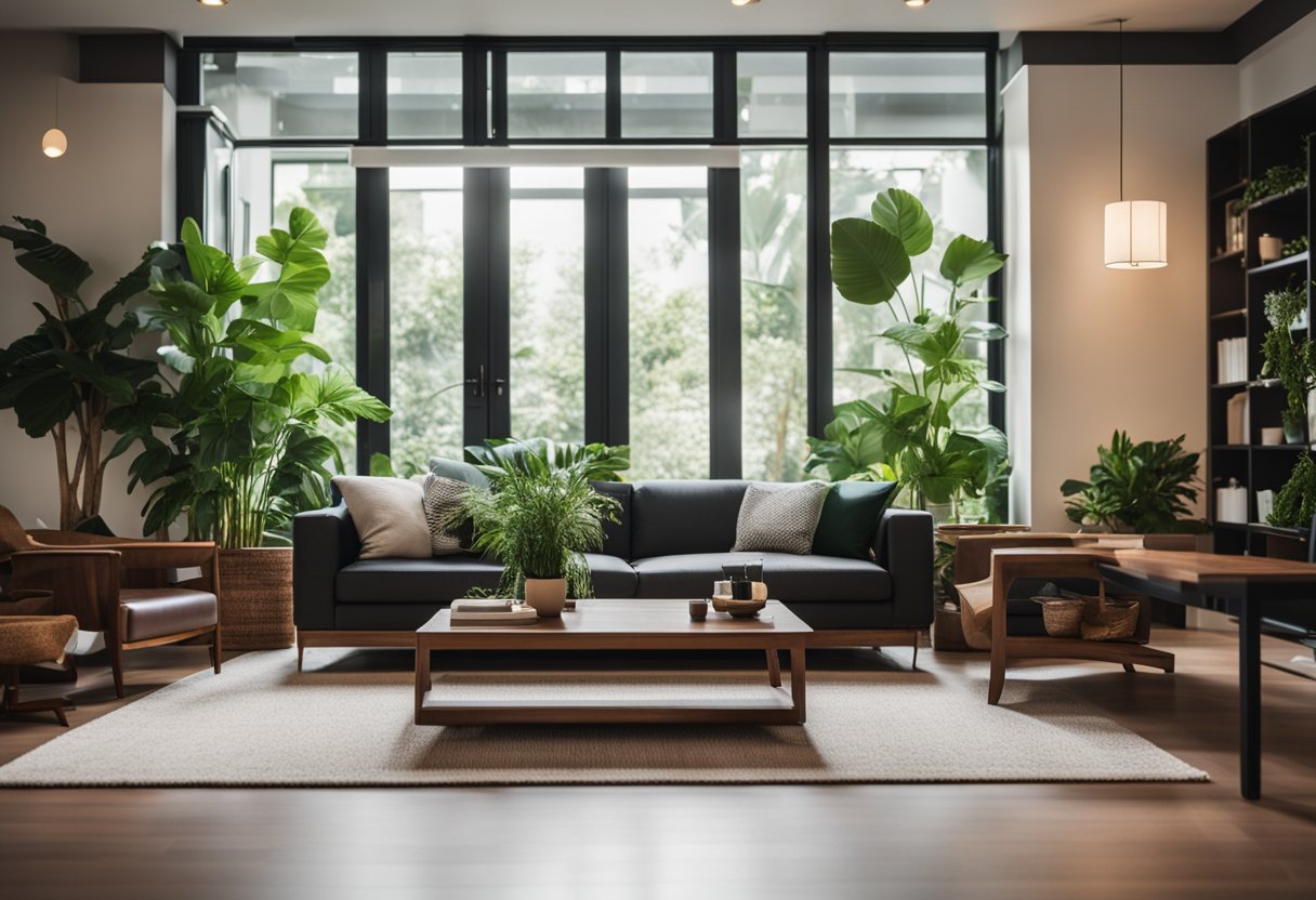 A cozy living room with modern black walnut furniture, soft lighting, and lush green plants, creating a warm and inviting atmosphere