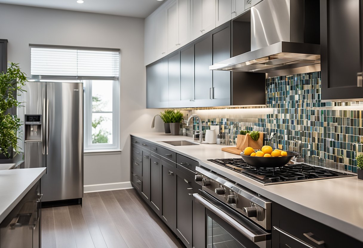 A modern kitchen with sleek lines, stainless steel appliances, and minimalist design. A pop of color from vibrant backsplash tiles adds a touch of personality