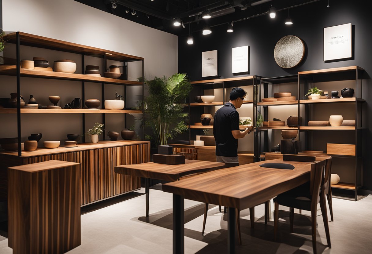 A customer browsing through a showroom of black walnut furniture in Singapore, with various pieces displayed and labeled with frequently asked questions