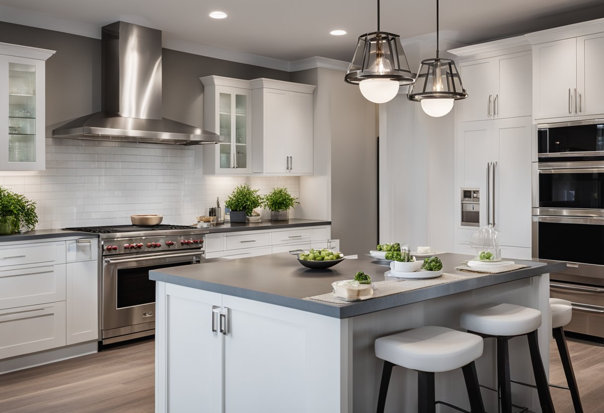 A modern kitchen with clean lines, stainless steel appliances, and minimalist decor. A large island with seating and pendant lighting