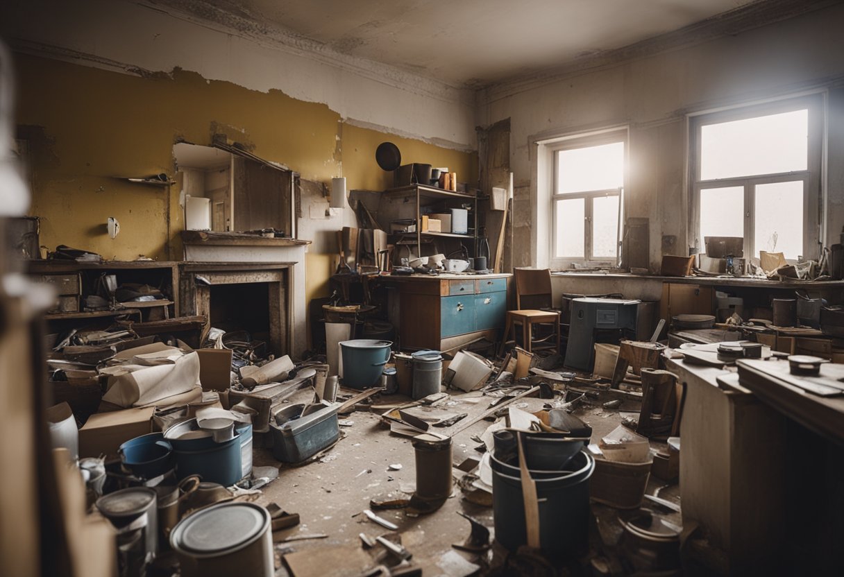 A cluttered, outdated 4-room resale flat undergoing renovation with scattered tools, paint cans, and furniture in disarray