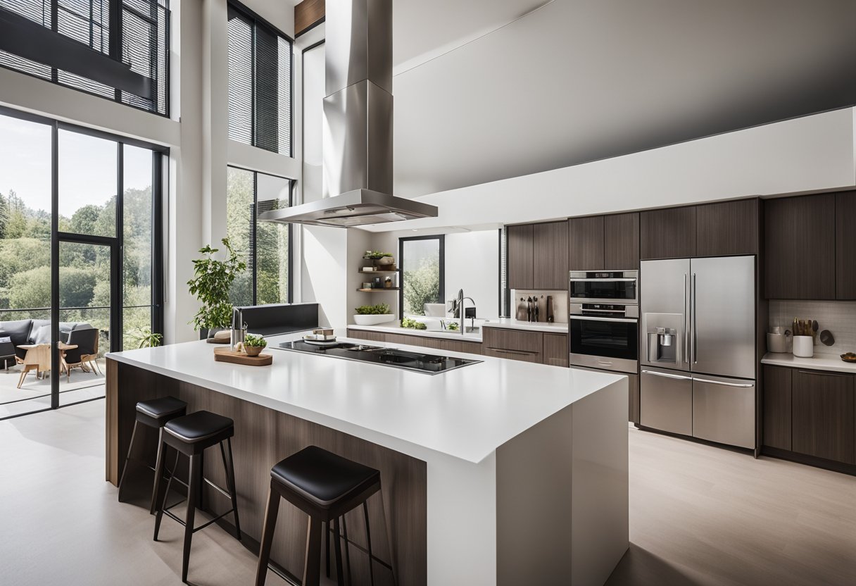A spacious kitchen with high ceilings, modern appliances, and ample natural light. Clean lines and minimalistic design create a sleek and functional space
