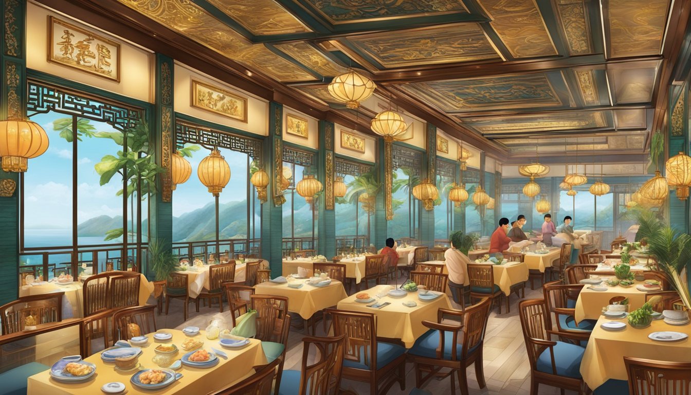The bustling jade palace seafood restaurant, with its ornate decorations and lively atmosphere, is filled with the aroma of sizzling seafood dishes and the sound of clinking plates and laughter