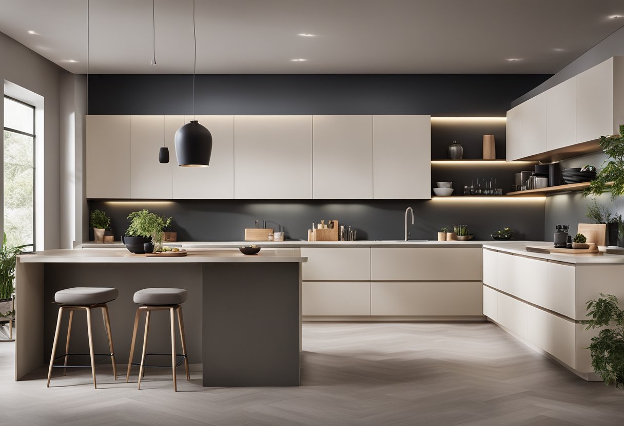 A modern kitchen with clean lines, sleek appliances, and minimalist decor. The color scheme is neutral with pops of bold accents. Open shelving and a large center island create a functional and stylish space