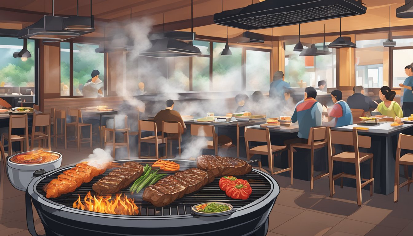 A sizzling grill with smoke rising, surrounded by tables and chairs, in a bustling Korean BBQ restaurant