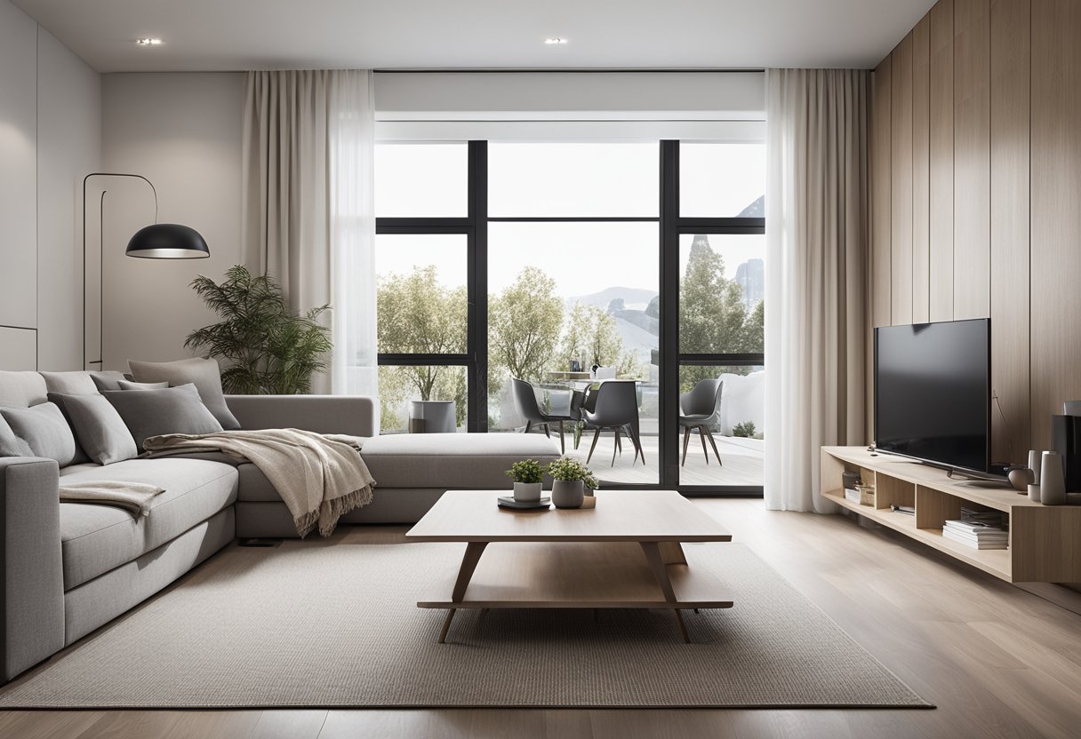A modern 4-room flat with sleek, minimalist design. Neutral color palette, clean lines, and natural materials. Trendy fixtures and smart technology integration