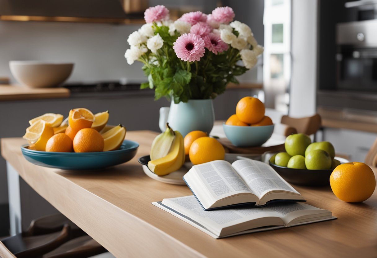A clean, modern kitchen table with a vase of fresh flowers, a stack of colorful cookbooks, and a bowl of fruit