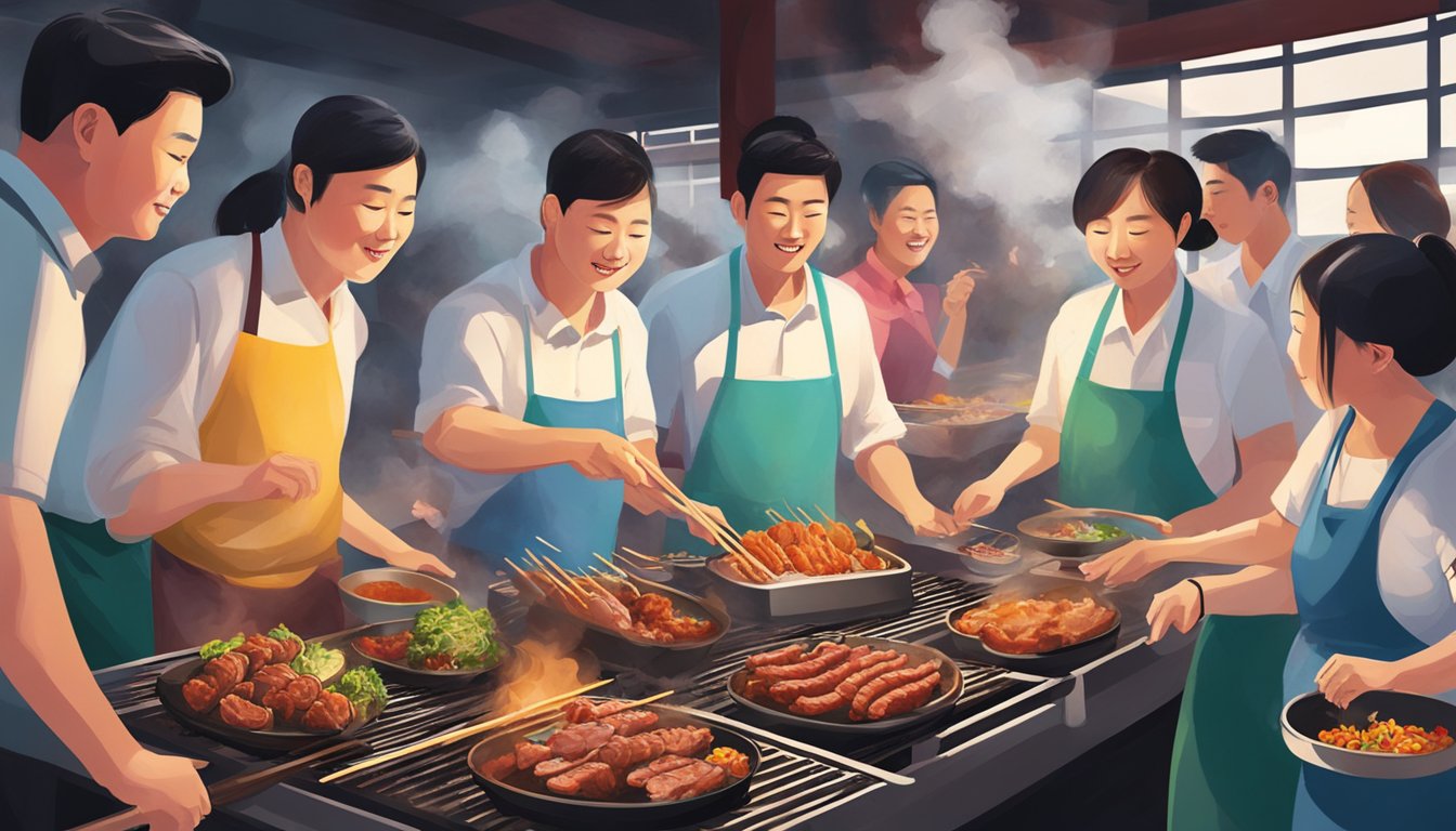 Guests enjoying sizzling meats on charcoal grills at Chang Korean BBQ restaurant, with aromatic smoke wafting through the air