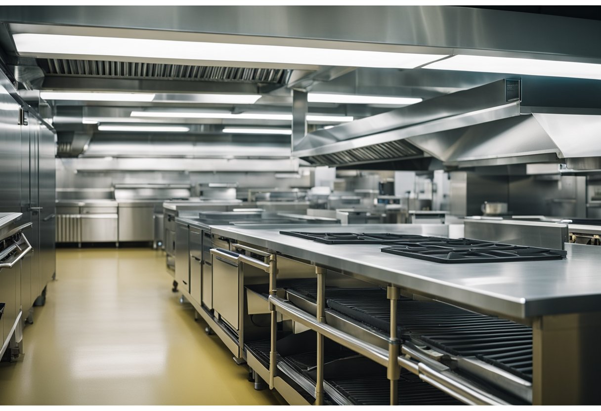 A large commercial kitchen with a well-ventilated HVAC system. Ductwork and vents are strategically placed to ensure proper air circulation and temperature control