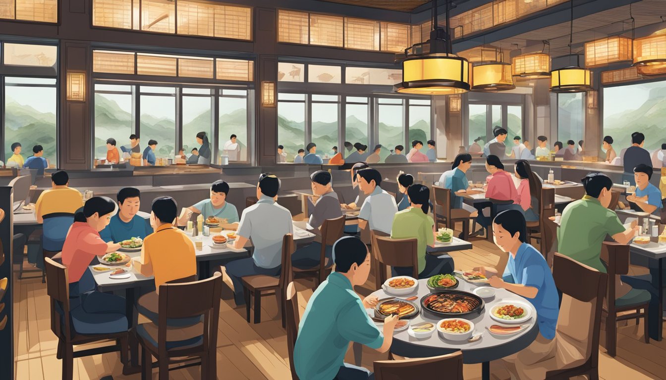 The bustling interior of Chang Korean Charcoal BBQ restaurant, with sizzling grills and diners enjoying their meals