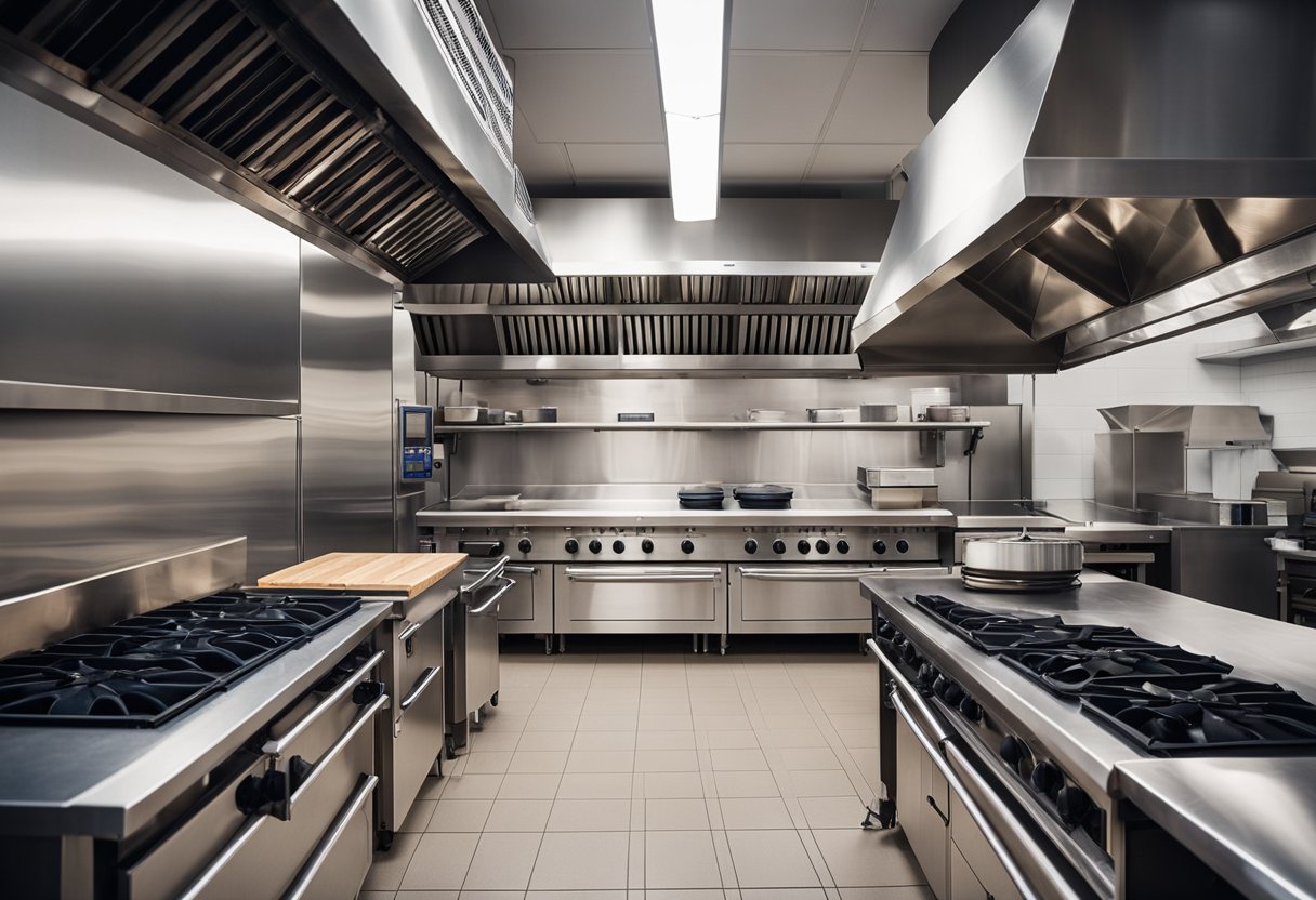 A commercial kitchen with proper HVAC design: exhaust hoods over cooking equipment, fresh air intake, and balanced air pressure