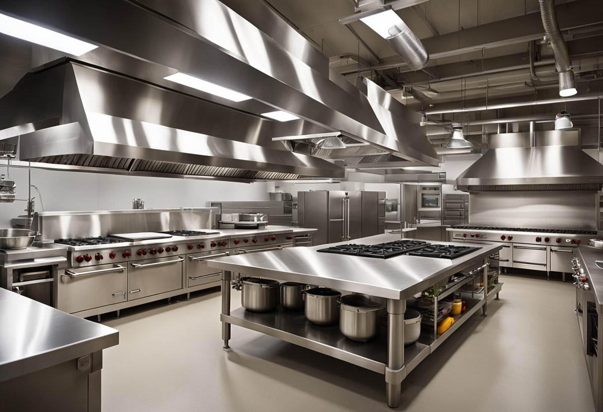 Stainless steel appliances, industrial shelving, and large prep tables fill the spacious, well-lit kitchen. A large range hood hangs over the cooking area, and the layout allows for efficient movement between stations