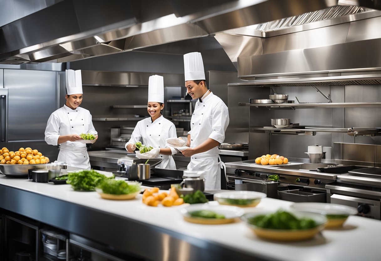 The kitchen bustles with efficient workflow, organized stations, and modern equipment, creating a seamless and productive environment for restaurant operations