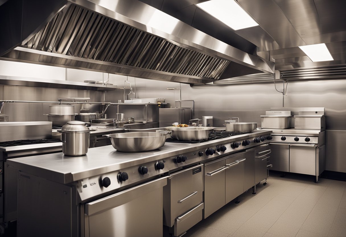 A busy commercial kitchen with efficient HVAC system, ductwork, and exhaust fans installed above cooking equipment