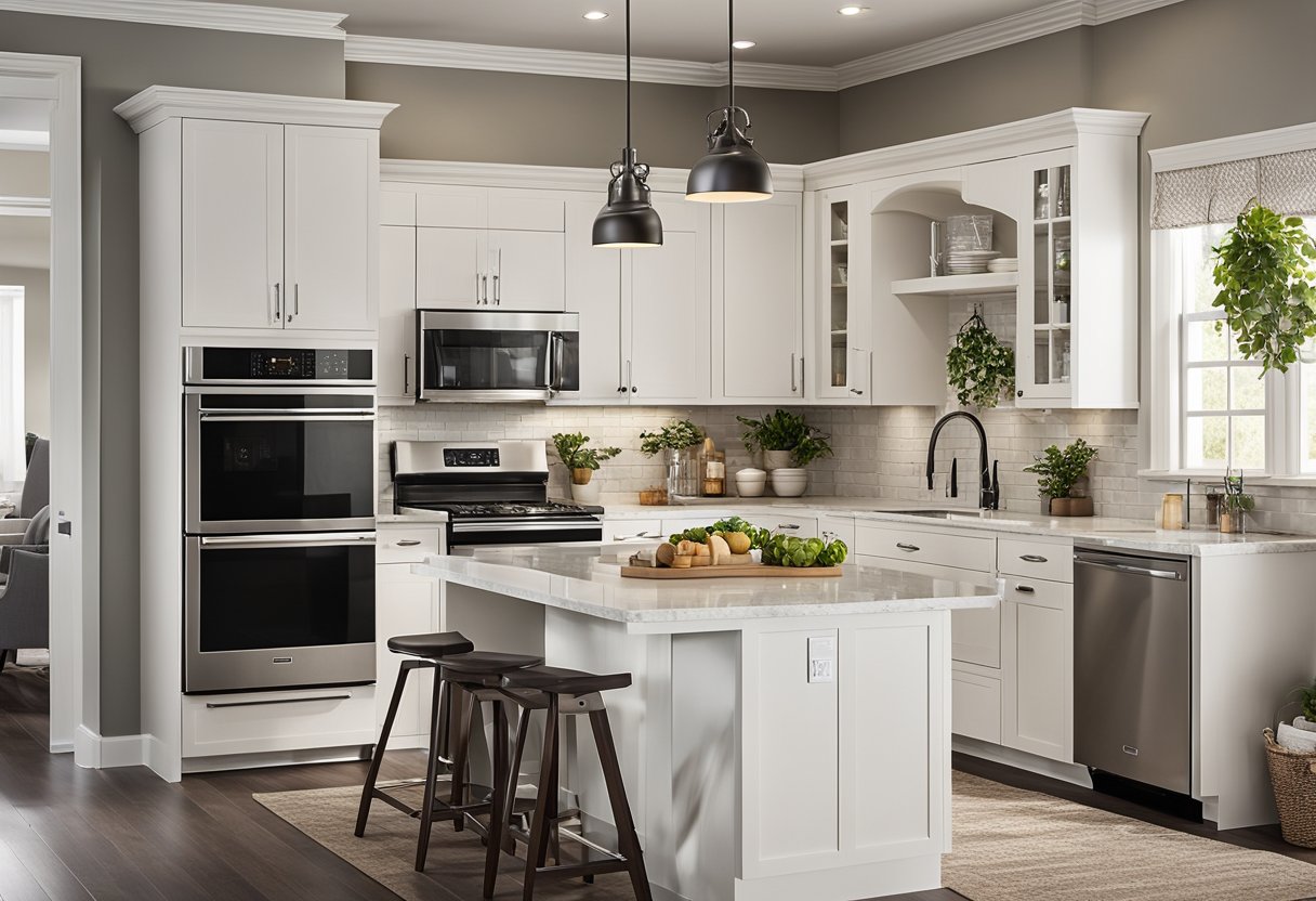 A small kitchen with new cabinets, countertops, and appliances. Bright lighting and modern decor give the space a fresh and inviting feel