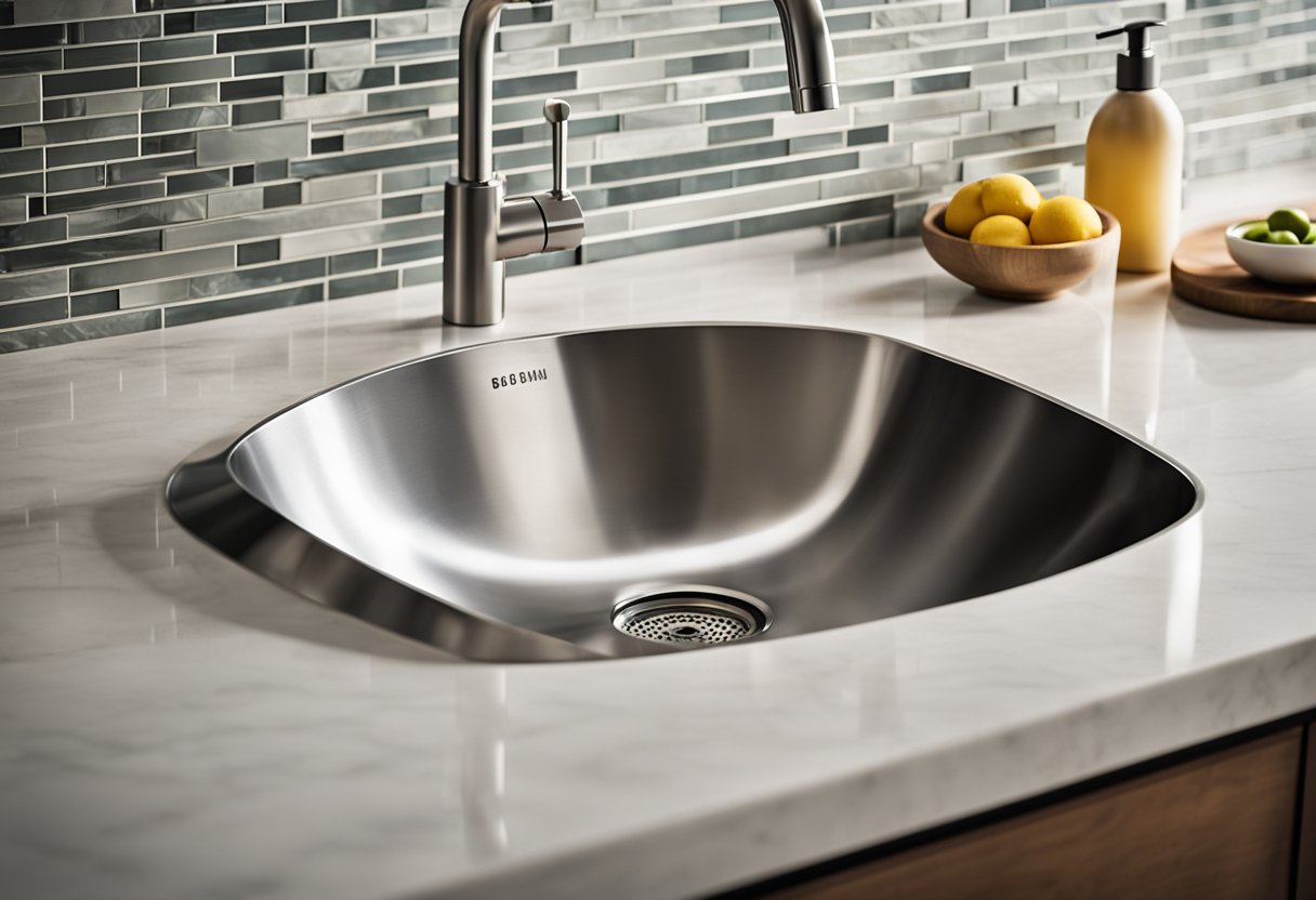 A stainless steel kitchen wash basin sits atop a granite countertop, surrounded by modern faucets and sleek cabinetry