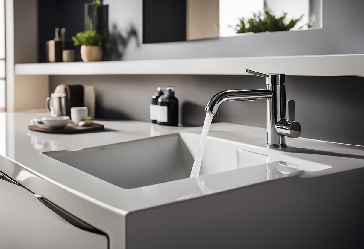 A modern kitchen wash basin with sleek lines and a pull-out faucet, surrounded by clean countertops and storage space