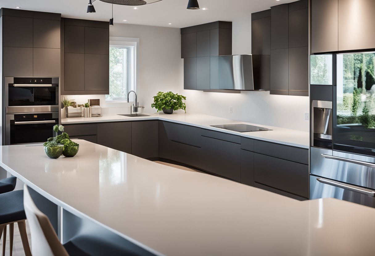A sleek, open kitchen with clean lines, neutral colors, and minimal clutter. Stainless steel appliances, simple cabinets, and a large, unadorned island
