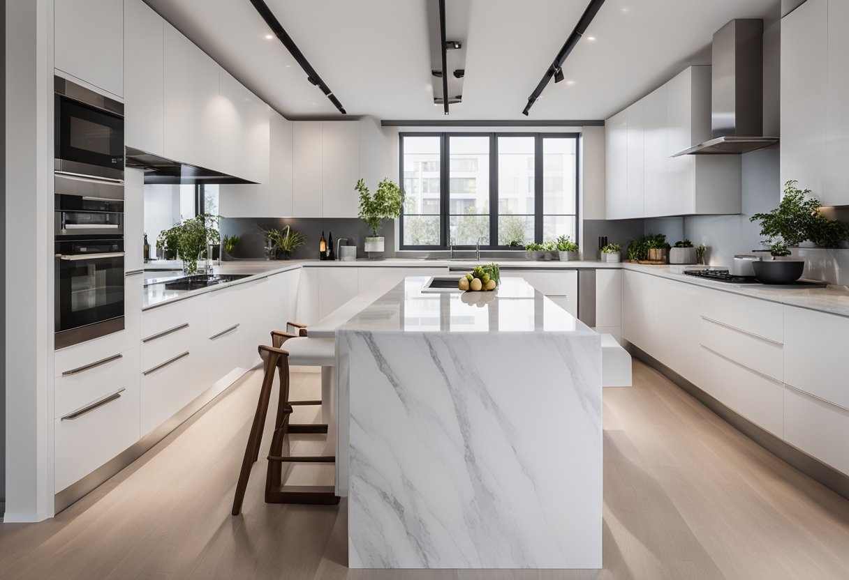A clean, modern dry kitchen with sleek, white cabinets, a marble countertop, and stainless steel appliances. The space is well-lit with natural light pouring in from large windows