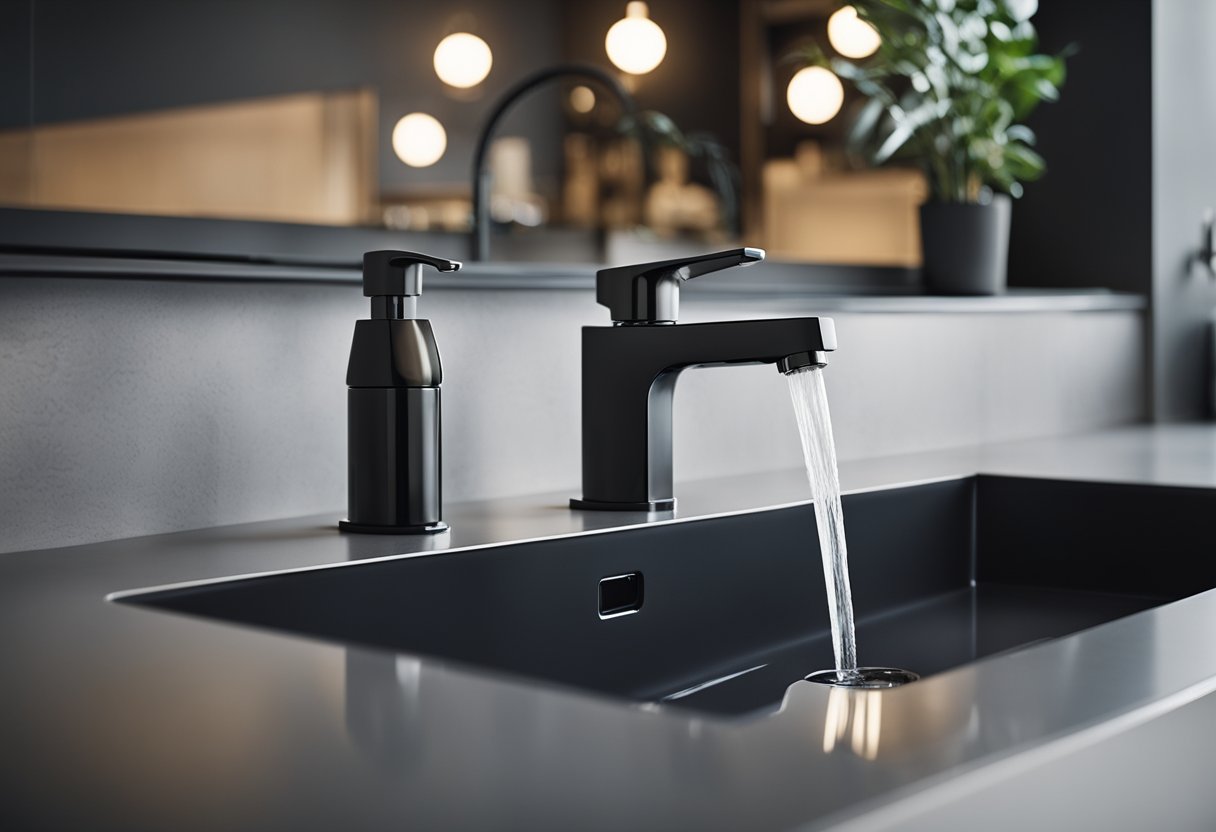 A modern kitchen wash basin with sleek, minimalist design and a built-in soap dispenser and sprayer