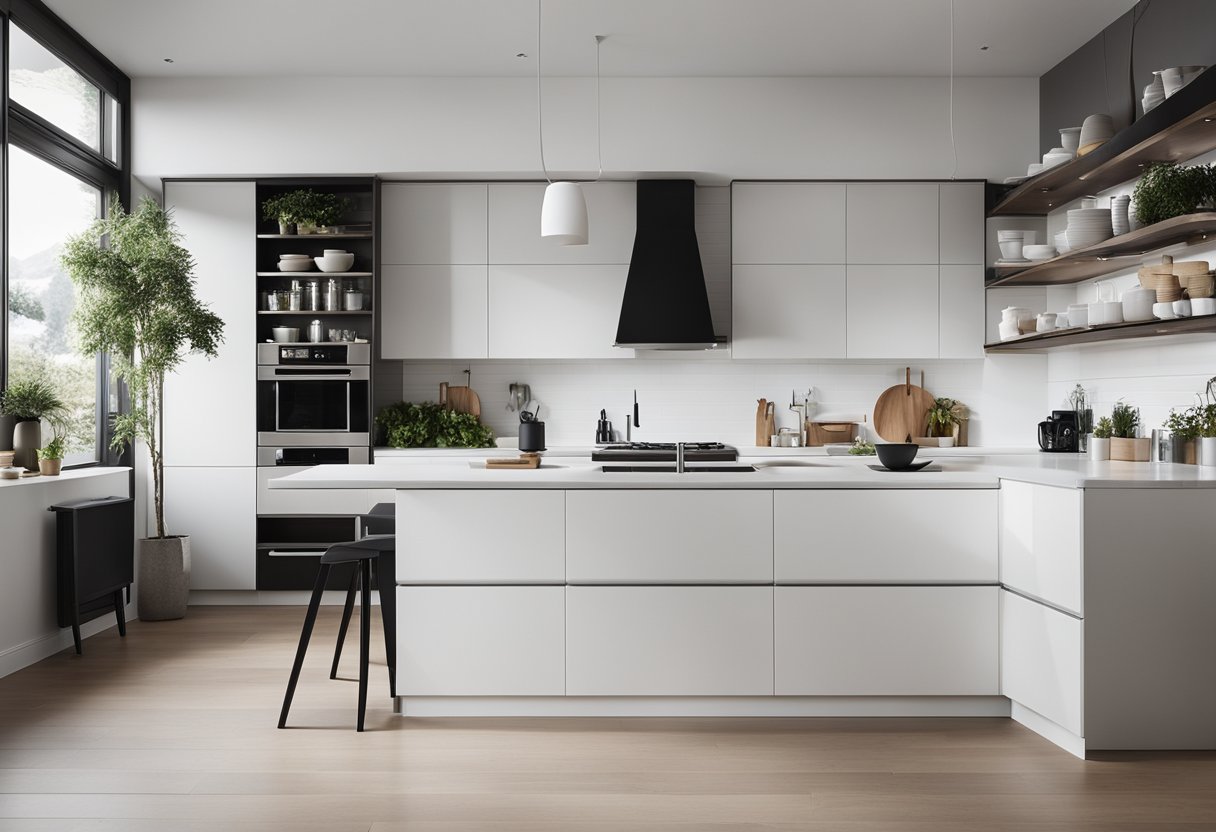 A sleek, white kitchen with clean lines, minimal clutter, and modern appliances. Open shelving displays a few carefully chosen items