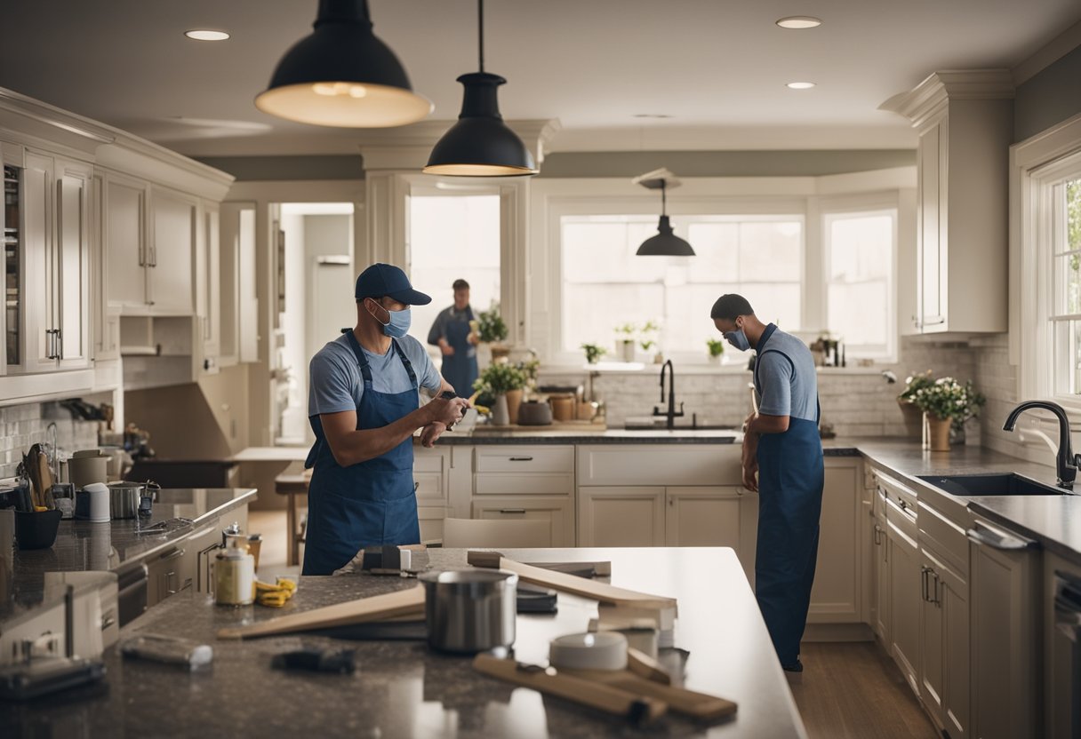 A busy kitchen with workers renovating cabinets, installing new countertops, and painting walls. Tools and materials scattered around. Signs with FAQs posted