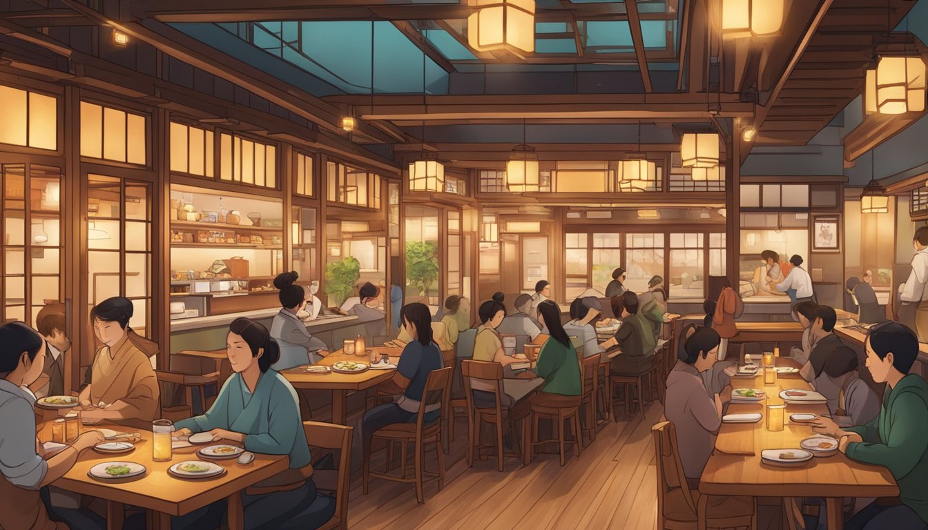A bustling hachi restaurant with warm lighting, wooden tables, and a sushi bar. Customers enjoy their meals while chefs prepare fresh, colorful dishes