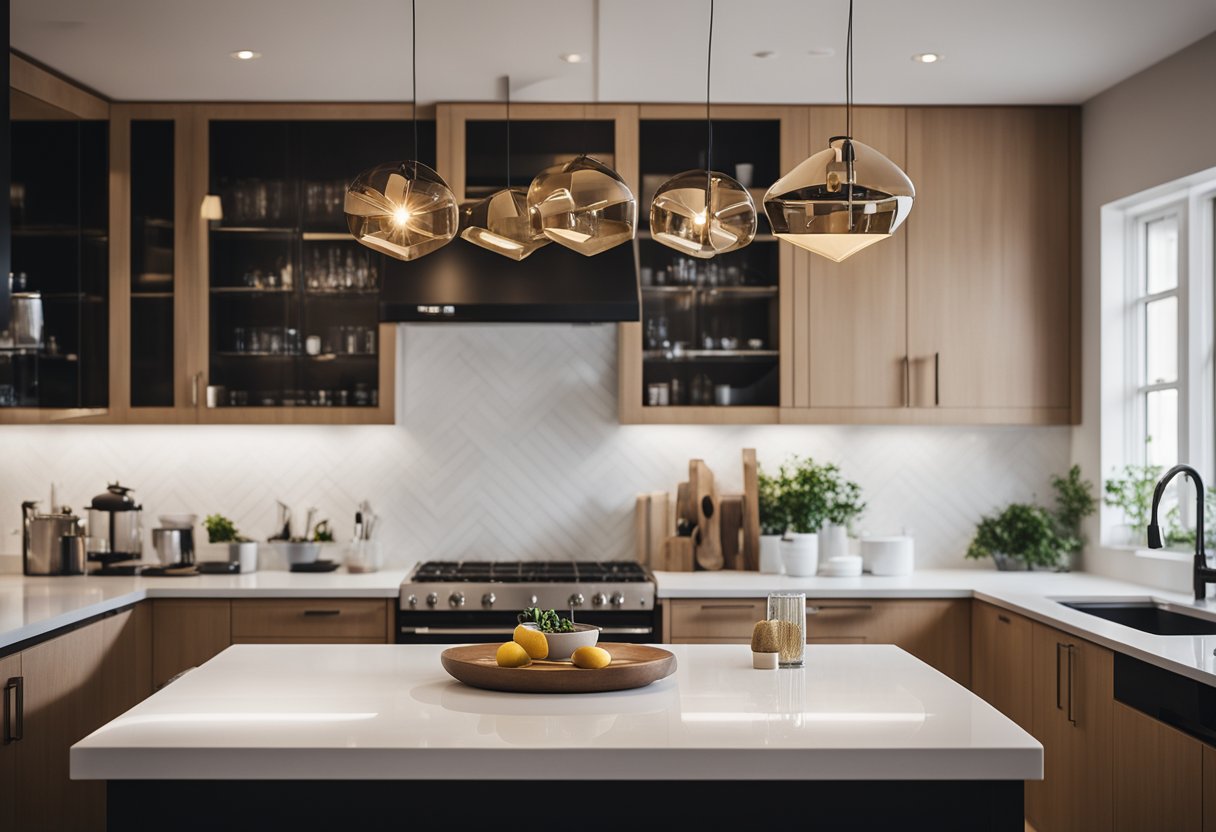 A sleek, uncluttered kitchen with pendant lights and a few carefully chosen accessories on the counter