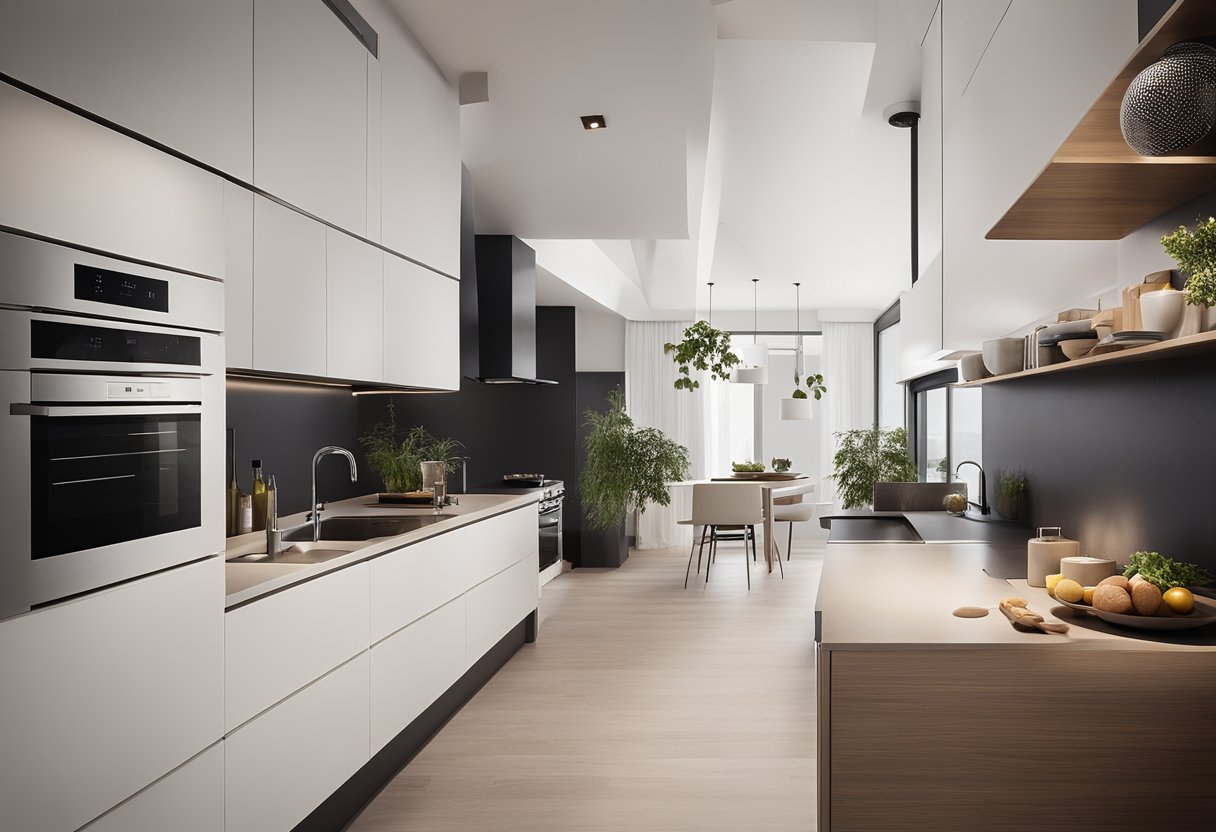 A clean and minimalistic kitchen with sleek countertops, modern appliances, and ample storage space. The design exudes simplicity and functionality