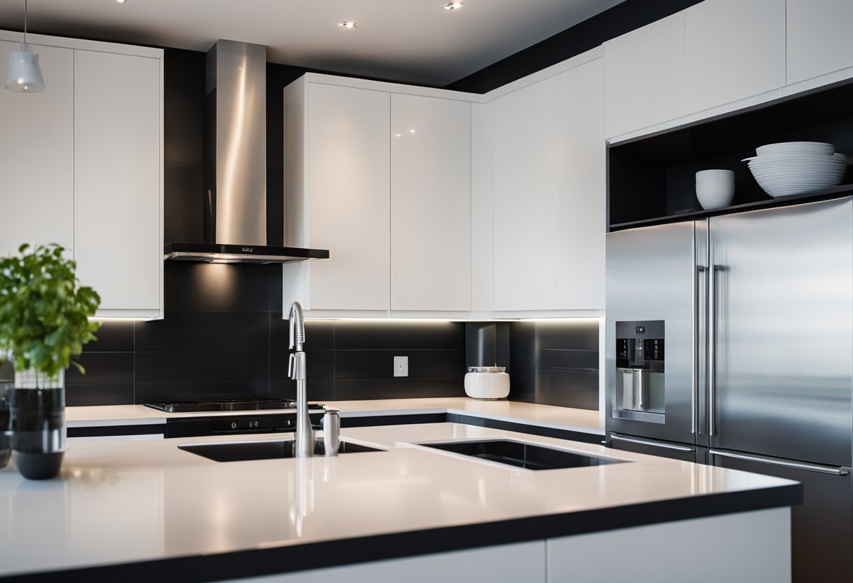 A modern kitchen with white cabinets and sleek black countertops
