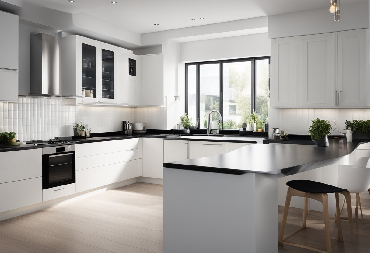 A bright white kitchen with sleek black countertops and minimalist white cabinets