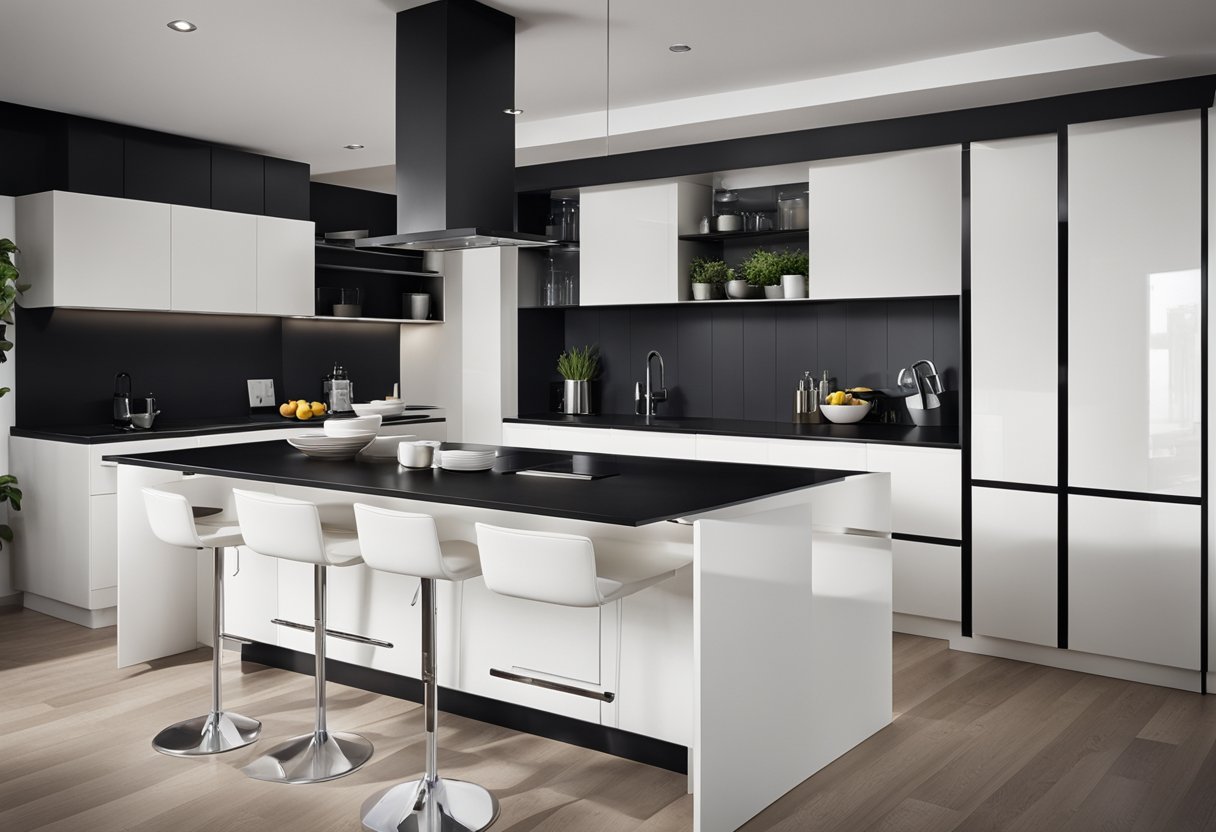 A modern kitchen with white cabinets and black countertops, featuring sleek lines and minimalist hardware for a clean and contemporary look