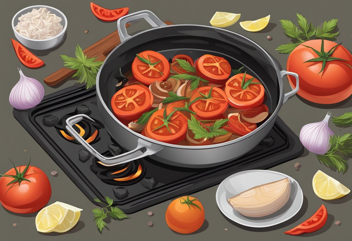 Fresh tomatoes, onions, and spices are being chopped and mixed with chunks of fish in a sizzling pan on a stove