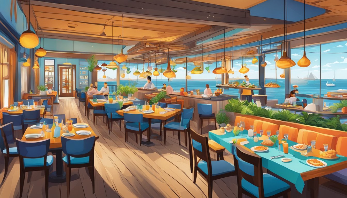 Vibrant seafood restaurant with lively atmosphere and colorful decor. Aromatic dishes fill the air, while the sound of sizzling and the clinking of cutlery create a bustling ambiance