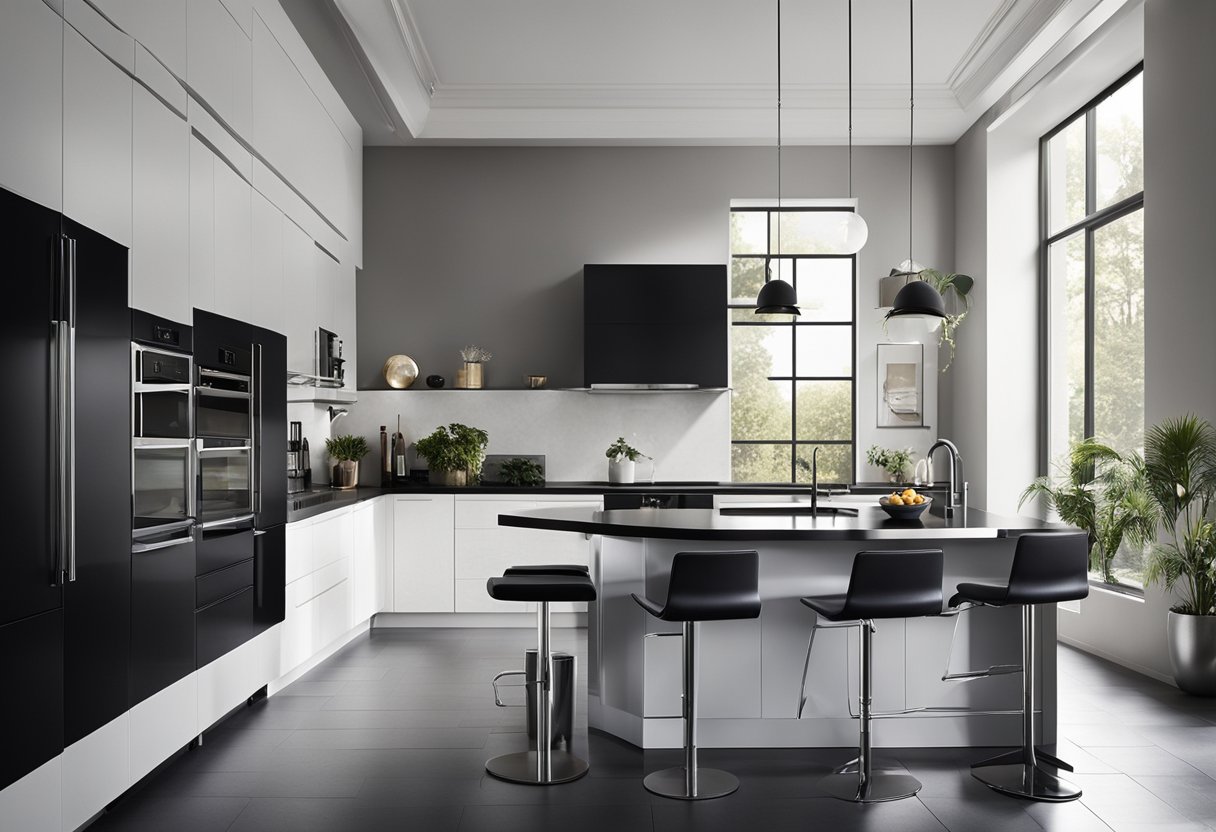 A spacious kitchen with sleek white cabinets and contrasting black countertops, illuminated by natural light from large windows