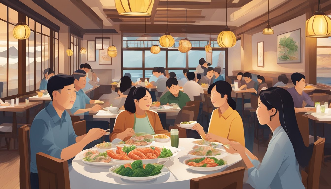 Customers enjoying a variety of fresh seafood dishes at Hoy Yong restaurant. The interior is filled with warm lighting and cozy seating