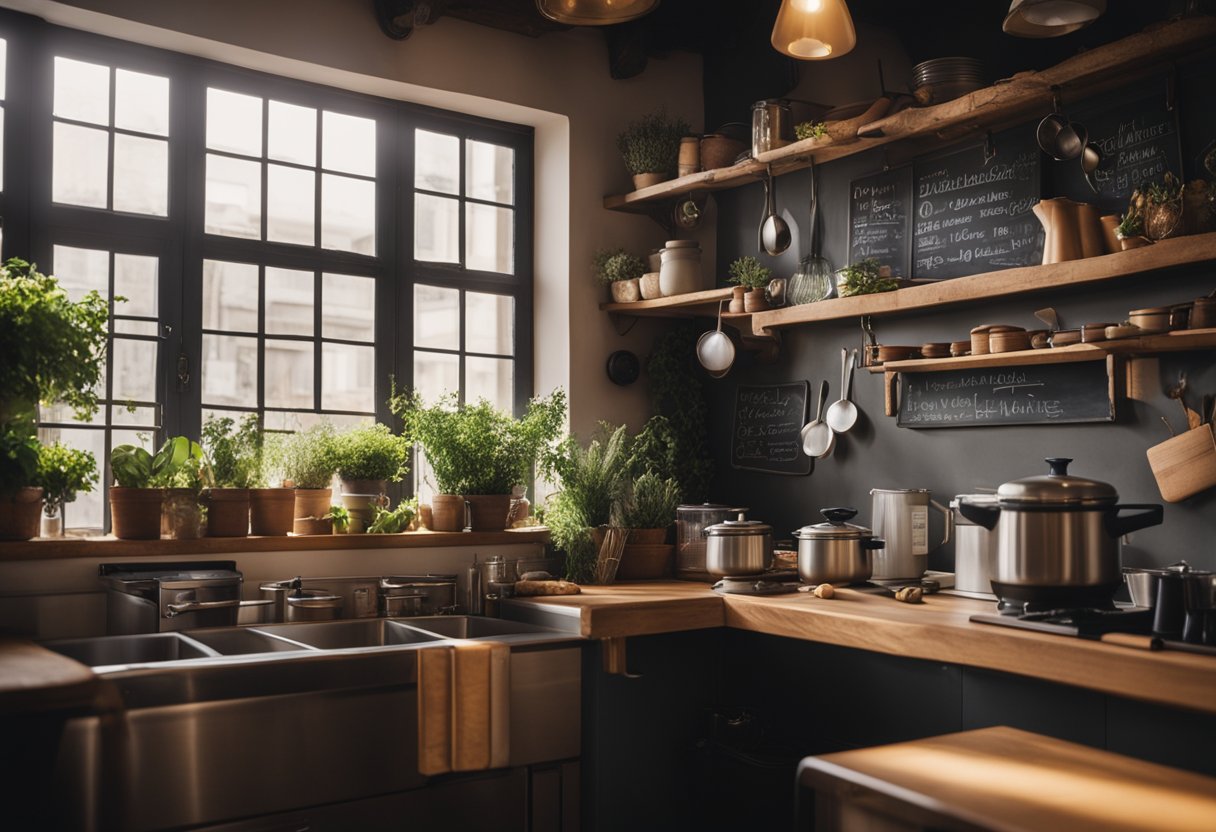 A cozy cafe kitchen with hanging pots, a small stove, and shelves filled with ingredients and utensils. A large window lets in natural light, and a chalkboard menu hangs on the wall