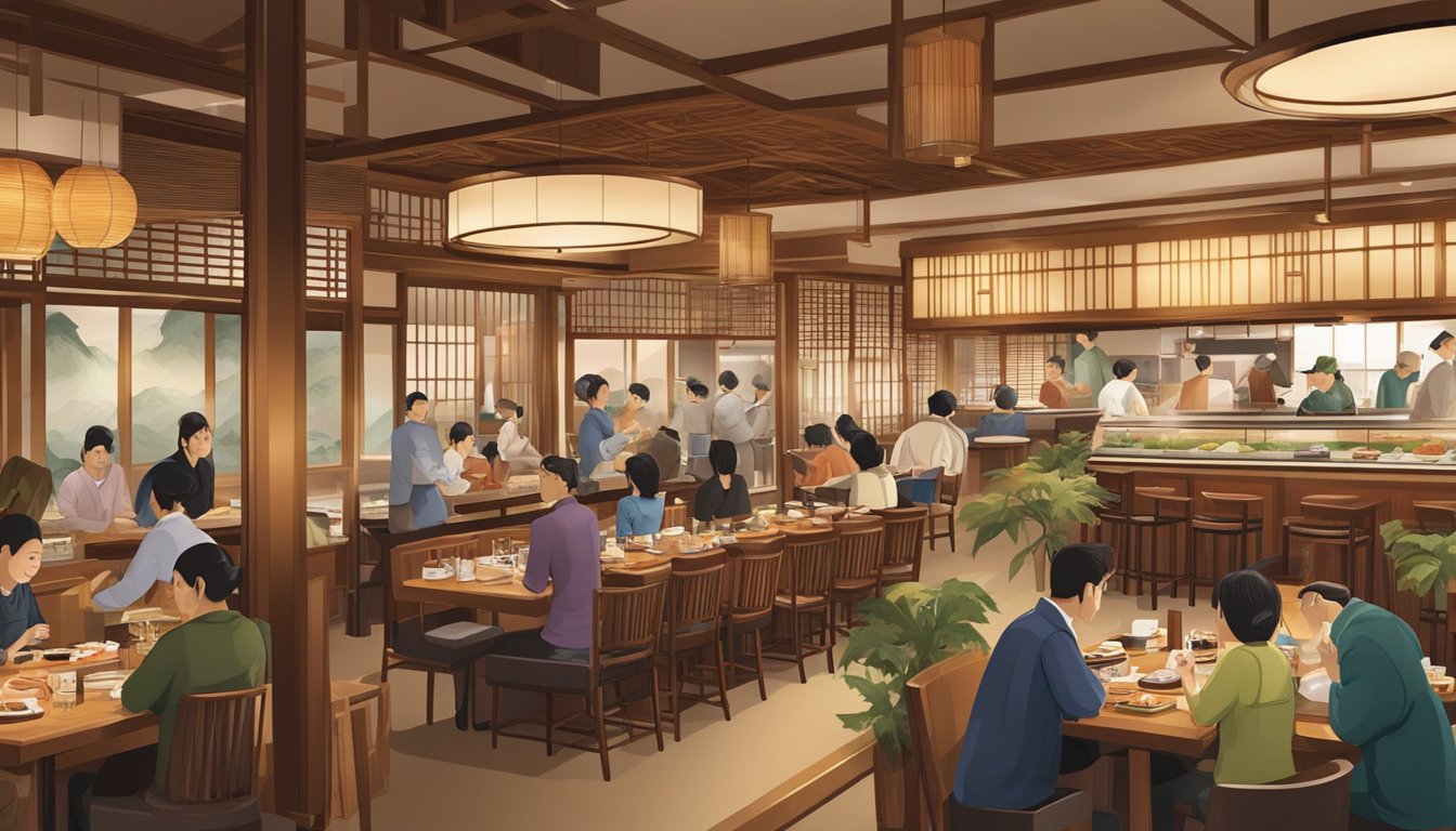 A bustling Pan Pacific Japanese restaurant with traditional decor and a sushi bar. Customers enjoy fresh sashimi and hot pots